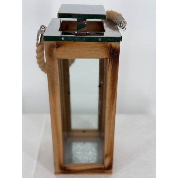 Rustic Wooden & Glass Lantern With Metal‎ Top & Rope Handle 13.75"Tall - Picture 4 of 7